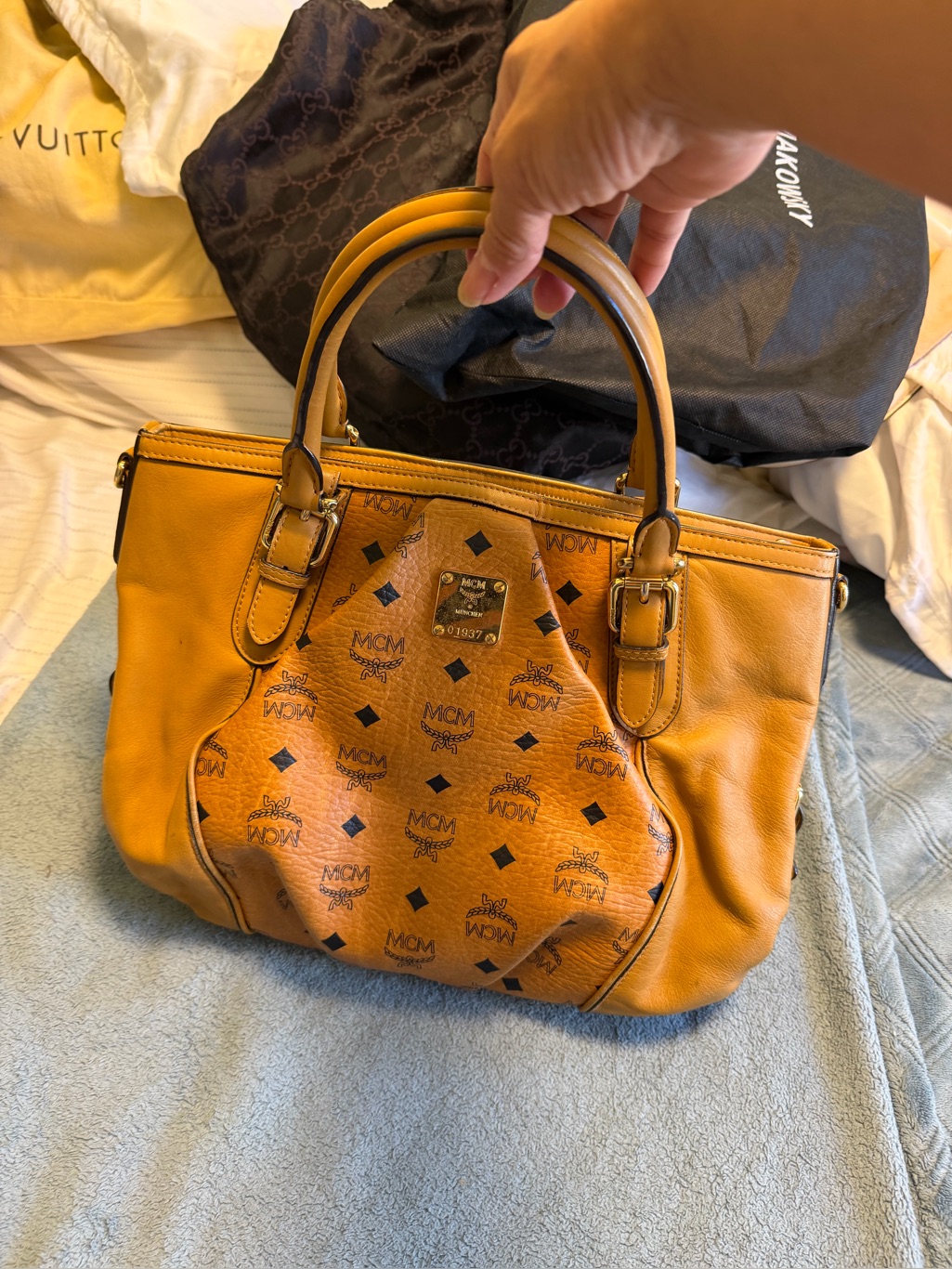 Mcm Cognac Monogram Satchel - Tan/Gold Accents